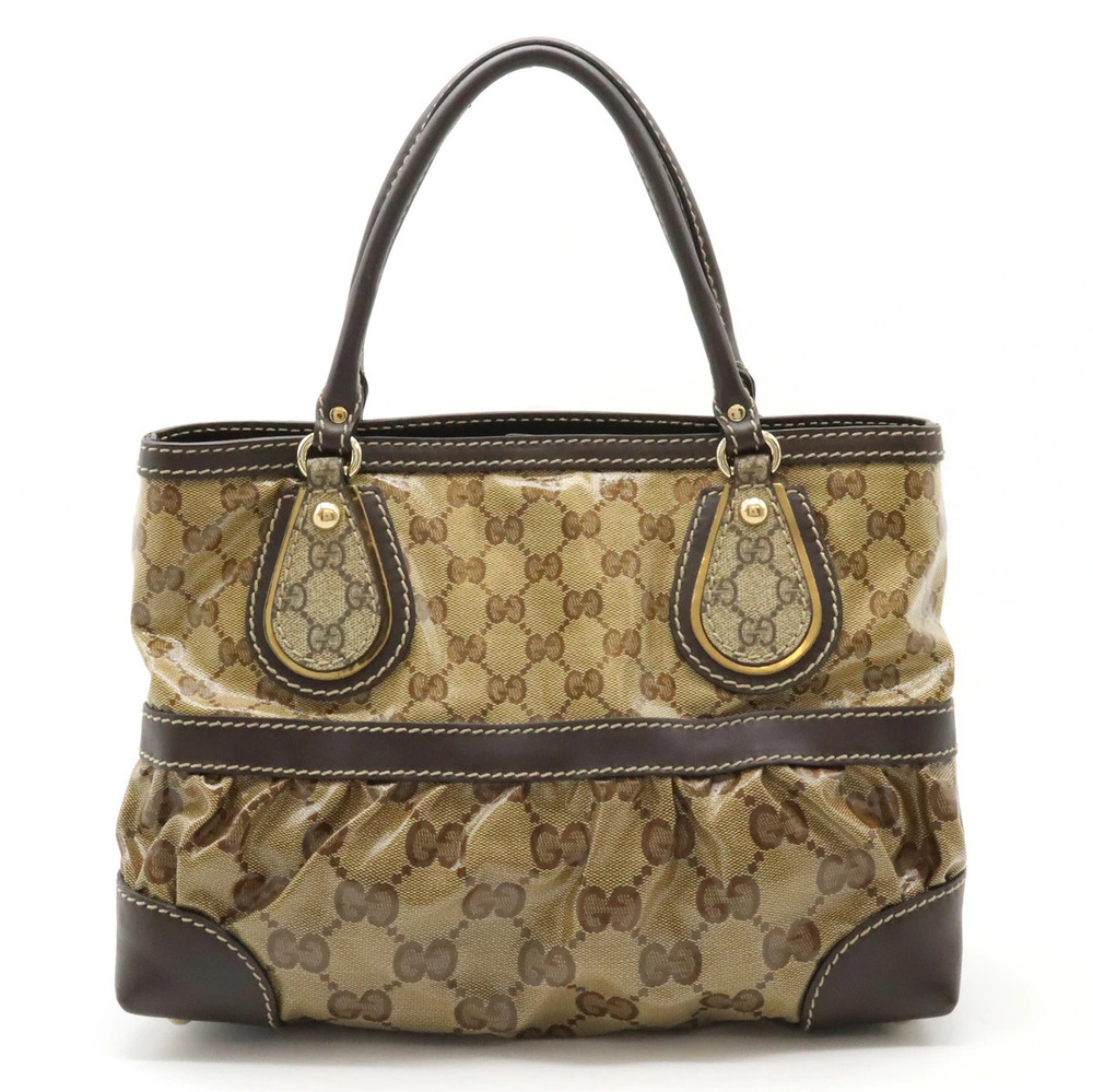 Gucci GG Crystal Canvas Leather Handbag Tote Bag Beige Brown Cream